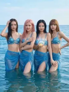 Bốn thành viên Blackpink tạo dáng dưới nước, sắc xanh váy và biển khiến ảnh dịu mắt