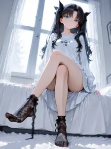 Cô nàng tai mèo anime sexy ngồi bên cửa sổ, váy trắng và bốt đen