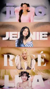 Collage dọc tông cam hồng ghép Jennie, Rosé, Lisa với phong cách poster fanmade ngọt ngào
