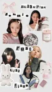 Bảng ảnh trắng hồng trang trí thỏ và sticker làm các thành viên Blackpink trông đáng yêu hơn
