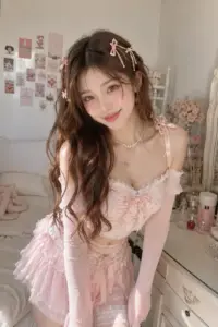 Ngay bàn trang điểm, váy ngủ hồng hoa cùng tóc nâu xoăn làm nụ cười thêm ngọt