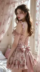 Ánh phòng mềm phủ lên hot girl tóc nâu, váy hồng hoa và biểu cảm hơi ngại