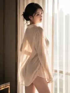 Cạnh rèm cửa sáng, cô gái khoác áo mỏng quay lưng nhìn nghiêng rất nhẹ