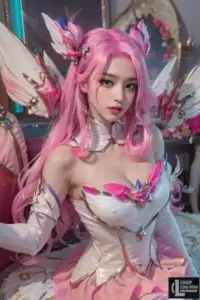 Nữ coser hóa thân Karma trong trang phục xanh trắng, tay nâng phép sáng và ánh nhìn điềm tĩnh