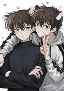 Ảnh sẽ gầy anime tông trắng đen ghi lại hai chàng trai tạo dáng, tóc rối gọn