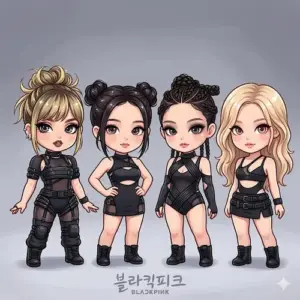 Bộ búp bê chibi mặc đồ đen cá tính đứng thành hàng dưới nền xám nhẹ