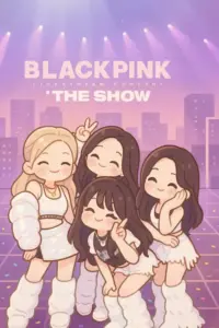 Ấn phẩm The Show phủ sắc tím với bốn nhân vật ôm nhau cười dưới chữ Blackpink