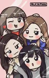 Góc nhìn selfie chụp bốn cô gái chibi chen nhau cười vui với nơ và tóc dài