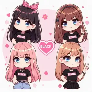 Nền hồng trái tim đặt bốn avatar mắt xanh tím mặc áo đen in chữ Blackpink