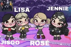 Poster tím kiểu hoạt hình dễ thương ghi Lisa Jennie Jisoo Rosé với dáng đứng nhỏ nhắn