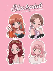 Tấm sticker hồng xếp bốn gương mặt chibi với tóc nâu đỏ và ánh mắt long lanh