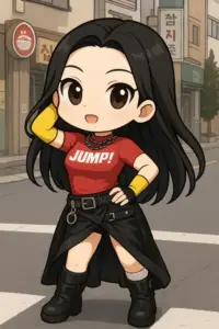 Cô bé phiên bản mini mặc áo Jump màu đỏ đứng chống nạnh giữa phố sáng