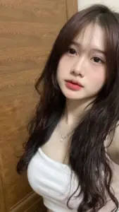 Nền gỗ ấm làm nổi bật mái tóc nâu dài áo trắng và đôi mắt nhìn mềm