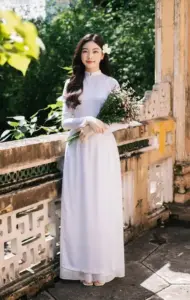 Nữ sinh áo dài trắng ôm hoa, tạo dáng bên bức tường vàng dưới ánh nắng nhẹ
