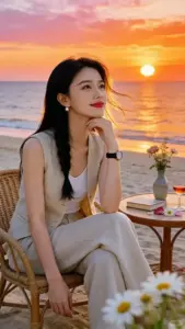 Bên biển hoàng hôn, nàng mặc đồ trắng ngồi thư thái, ánh mắt hướng xa dịu dàng