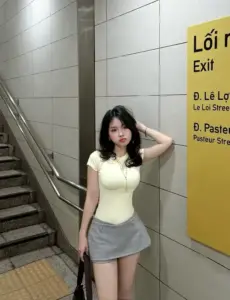 Nắng cửa sổ đặt người mẫu trẻ trung trong chân váy mini, cầm túi và cười khẽ