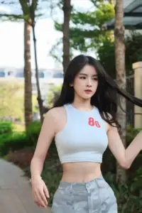 Tựa lan can resort, cô gái mặc bikini cam, cười nghiêng dưới nắng vàng rất rạng rỡ