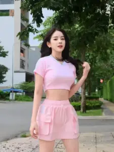 Khoảng sân xanh nhạt tôn set hồng pastel, cô nàng nghiêng đầu chỉnh tóc đầy dễ thương