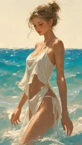 Cát đen nổi bật sau người mẫu anime tóc đỏ cầm ván lướt sóng với bikini trắng