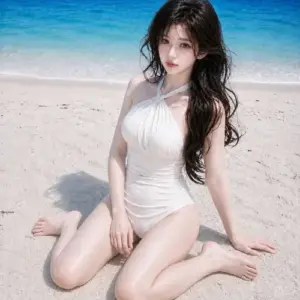 Dưới nắng sớm, cô nàng mặc bikini trắng đứng bên thuyền, tóc buộc cao và cười nhẹ