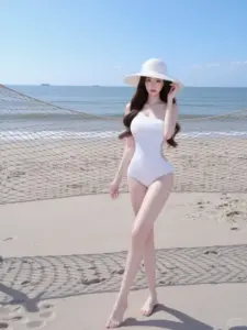 Chiếc mũ rộng vành giúp cô nàng trên bãi biển thêm duyên với dáng đứng thẳng