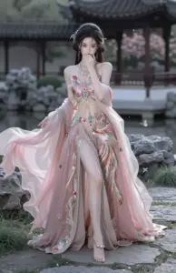 Nàng cosplayer cầm quạt giấy bên cửa gỗ, trang phục đỏ trắng tạo điểm nhấn nổi bật