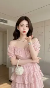 Nền căn phòng trắng, váy hồng trễ vai và túi tròn nhỏ tạo vẻ xinh xắn