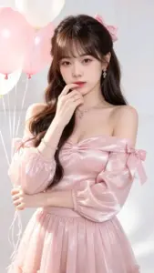 Lớp son hồng bóng hợp áo hai dây pinky, mái tóc uốn lơi và nụ cười khẽ