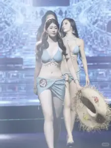 Sân khấu ánh xanh ghi lại hai kiều nữ bikini trắng tạo dáng cạnh mô hình trang trí lớn