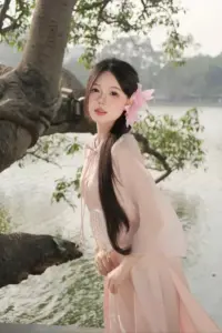 Ven hồ yên tĩnh, cô gái áo dài hồng nhạt nghiêng người với ánh mắt dịu