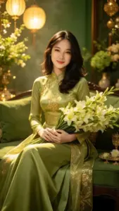 Đèn vàng ôm cô gái áo dài xanh cười hiền bên bó hoa trắng ấm áp