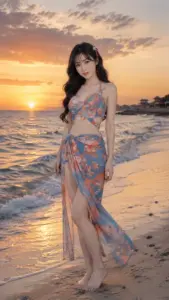 Chiều hoàng hôn phủ lên váy voan mỏng, cô gái đứng trên cát với nét dịu dàng