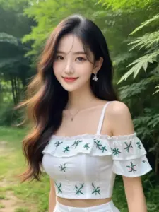 Gương mặt xinh dưới tán lá xanh cùng áo trễ vai họa tiết mang vẻ dịu dàng