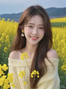 Nụ cười rạng rỡ giữa vườn hoa vàng kết hợp áo len trễ vai nhìn rất ngọt