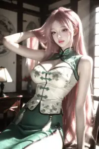 Áo choàng trắng trong bộ cosplay phong cách Nhật, nàng cúi nhẹ dưới tán hoa anh đào