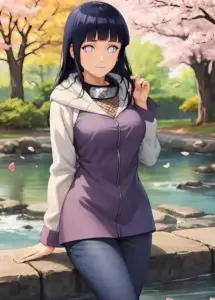 Hyuga Hinata nghiêng người buộc tóc, dáng vẻ trưởng thành vừa mềm mại vừa khỏe khoắn