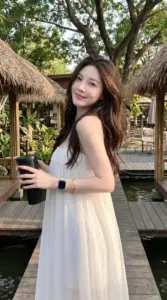 Bên chòi lá nhiệt đới, cô nàng xinh xắn mặc váy trắng cười tươi khi cầm ly