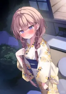 Ánh đèn đêm phủ lên ảnh anime 18+ có cô nàng tóc hồng mặc yukata hoa