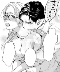 Nét vẽ manga người lớn ghi hai nhân vật đứng gần, cô gái đeo kính bối rối
