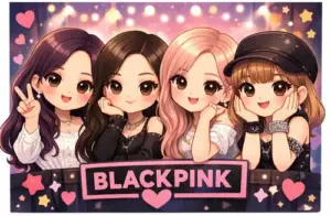 Phong cách chibi Blackpink phối hồng pastel với biểu cảm nháy mắt và phụ kiện nơ nhỏ