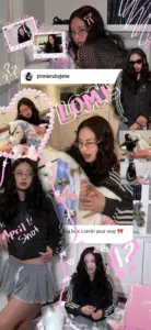 Collage nền hồng ghép nhiều khoảnh khắc cô gái tóc đen tạo dáng trẻ trung giữa sticker đáng yêu