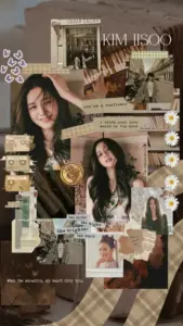 Nền nâu vintage bao quanh wallpaper idol với váy đen, nụ cười hiền và dán giấy nhỏ