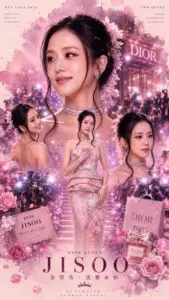 Poster tông hồng ghép khoảnh khắc cô gái cười dịu, váy sáng màu và hoa lấp lánh