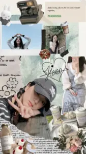 Bảng moodboard màu kem đặt nhiều ảnh nhỏ, phụ kiện thời trang và mũ lưỡi trai đáng yêu