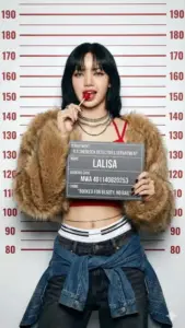 Cô nàng cầm bảng tên Lalisa với áo crop đen, quần jeans và biểu cảm tinh nghịch