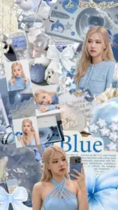 Collage xanh pastel làm nổi bật cô gái tóc vàng trong áo len, váy sáng và phụ kiện hoa nhỏ xinh