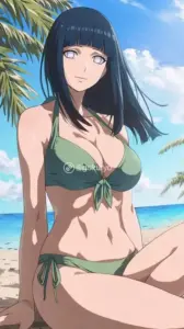 Hinata bước ra khỏi làn nước, tóc ướt nhẹ ôm vai và ánh mắt vẫn dịu