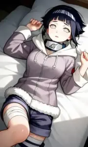 Hyuga Hinata đặt tay lên vành mũ, ánh nắng rơi nhẹ trên đôi mắt đặc trưng