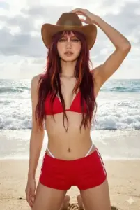 Bờ biển lộng gió tạo vibe Thai Goddess với bikini đỏ, quần short và mũ rộng