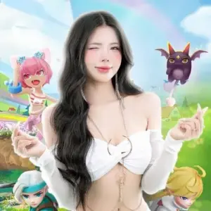 Nền game pastel sau lưng làm nụ cười nhắm mắt và áo trắng thêm đáng yêu